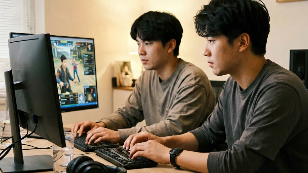 一起c玩法入门指引示意图，展示两位用户并排坐在屏幕前共同参与互动的场景